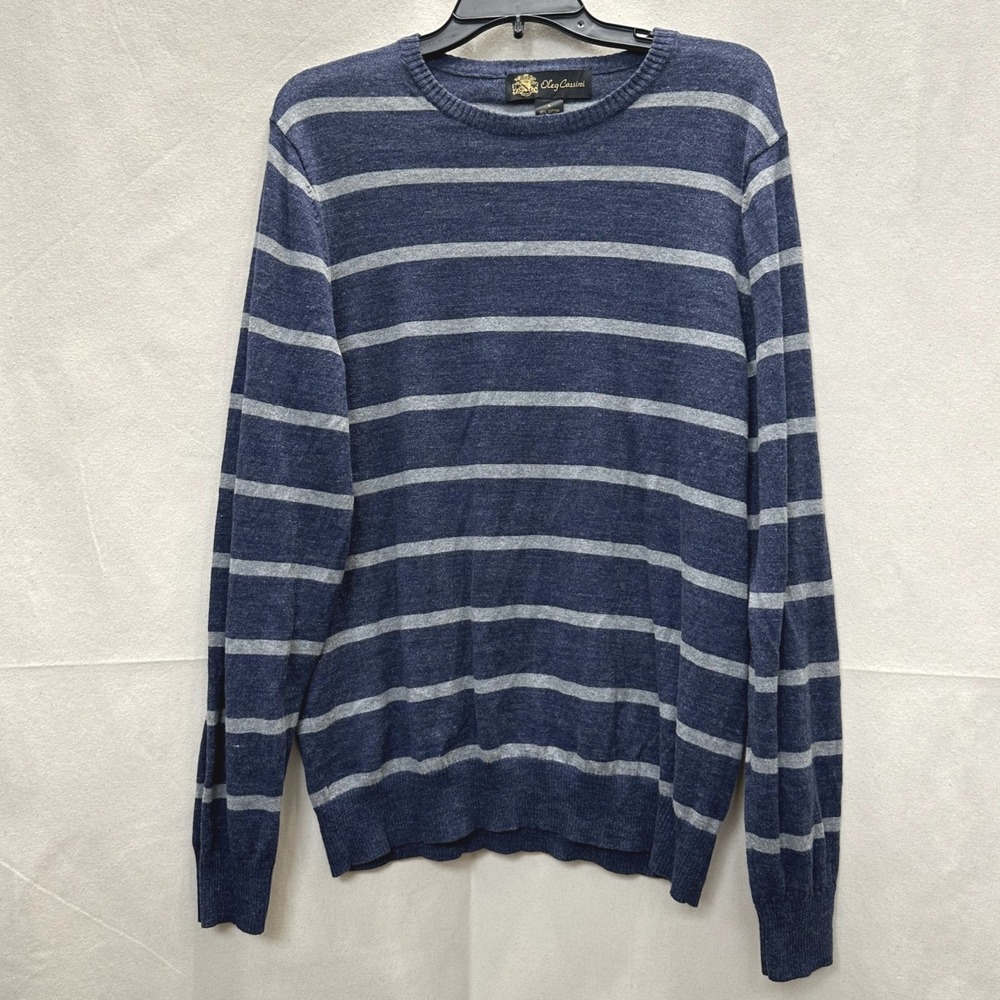 Oleg Cassini Mens Knit Blue Grey Striped Cotton Cashmere Crewneck Sweater Sz. L